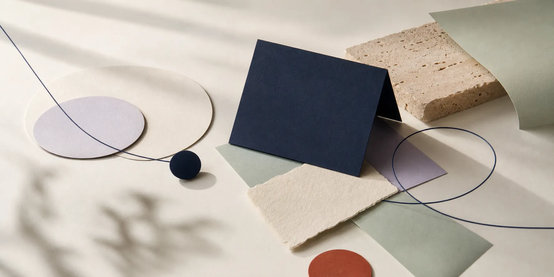 A still life of navy, sage and cream paper shapes with a terracotta disc and a fine navy line.