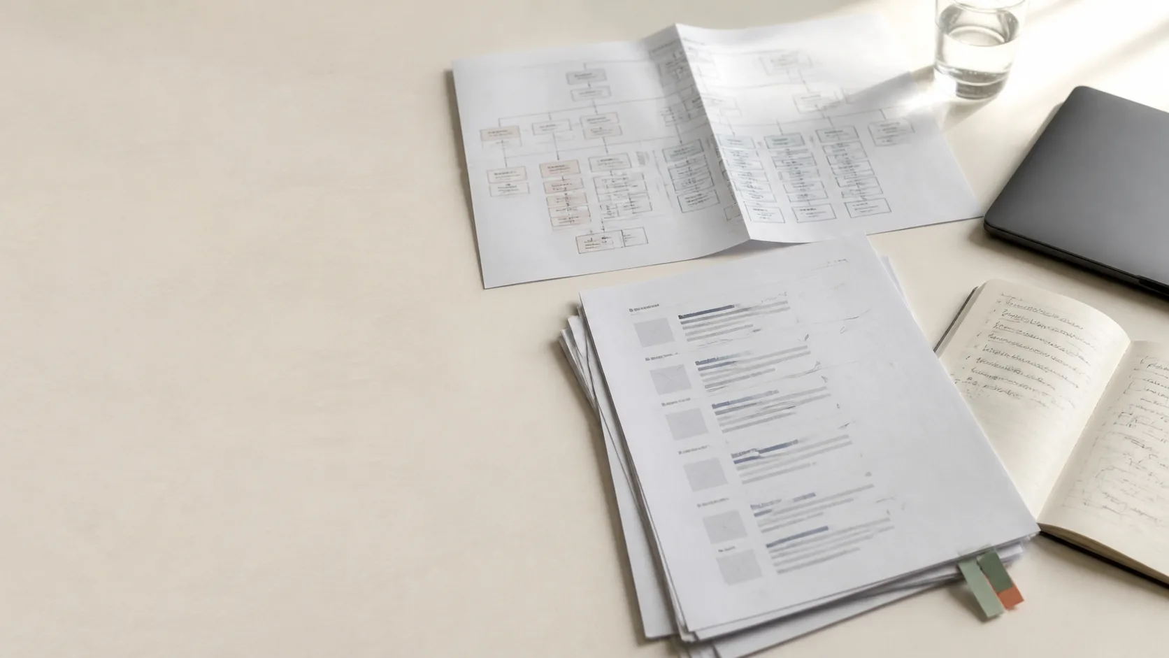 A printed customer journey diagram, a stack of strategy documents and handwritten notes on a desk.
