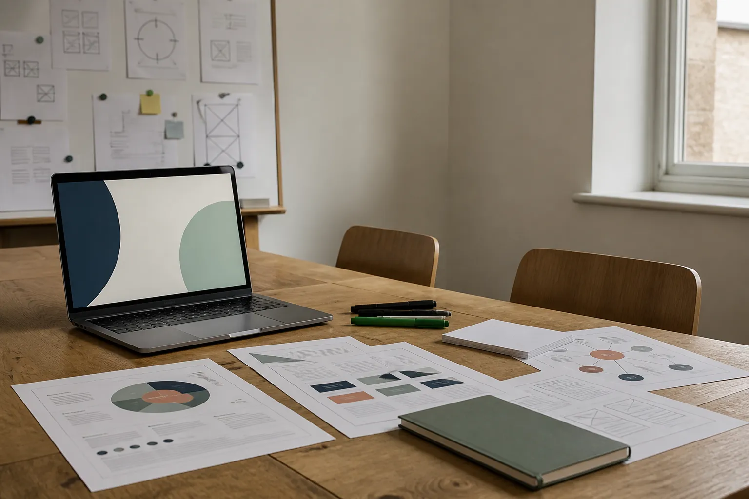 A workshop room with printed reports on the table and sketches pinned to the wall.