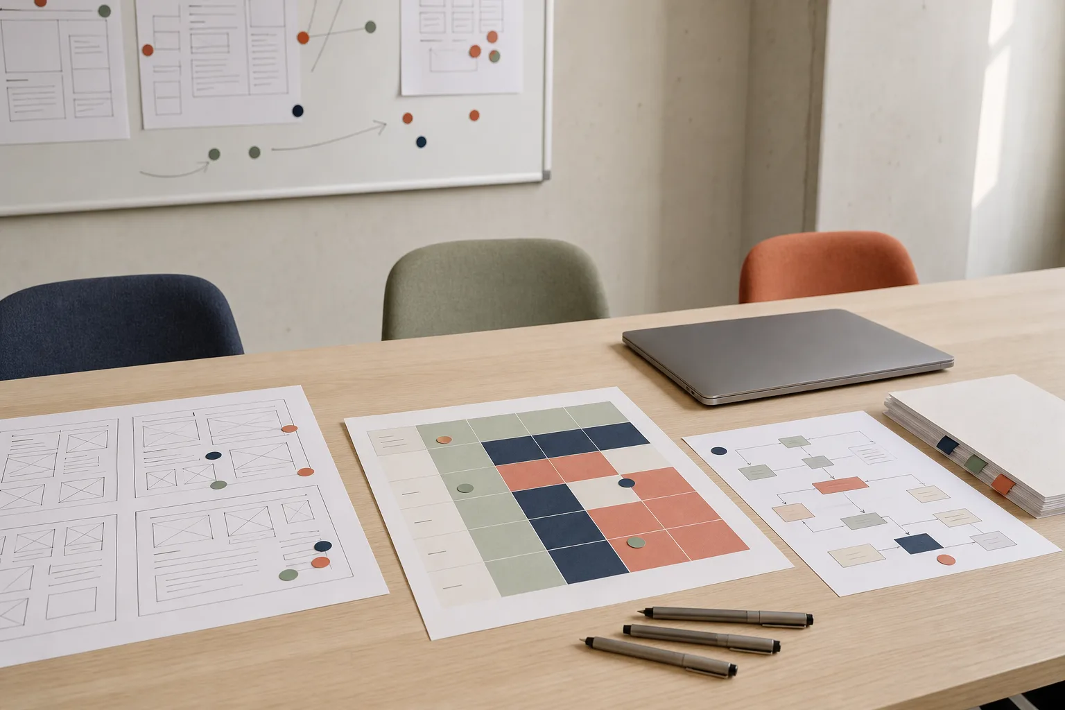Printed wireframes, a content grid and a flow diagram laid out on a workshop table.
