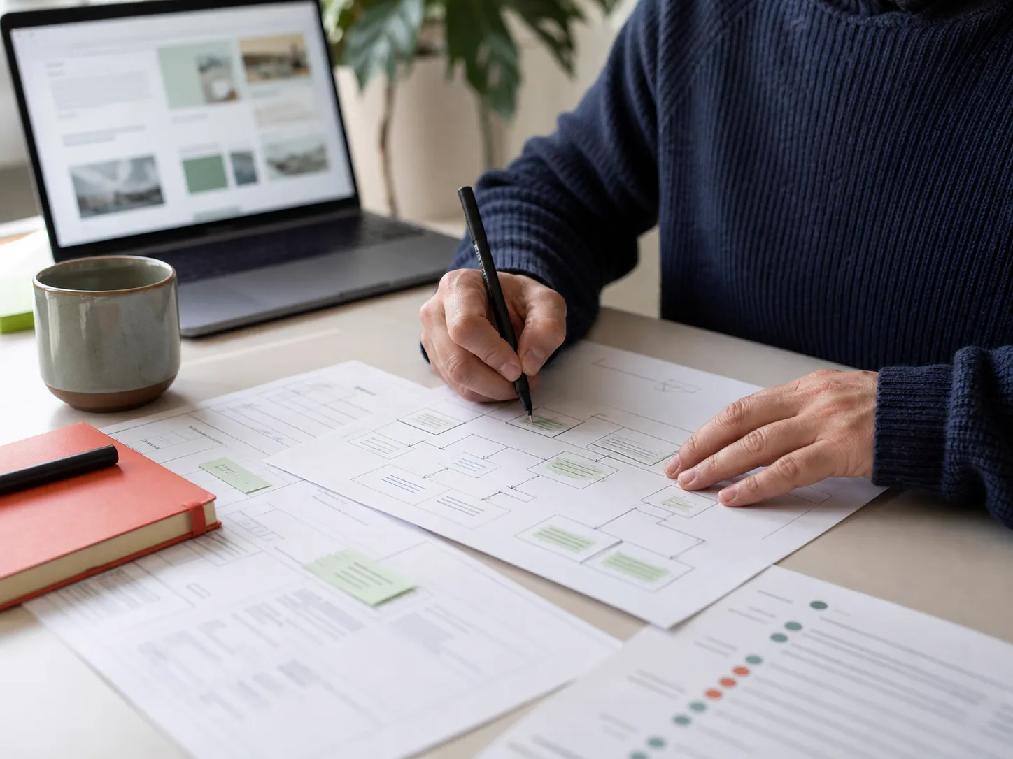 A printed site structure diagram being annotated by hand, beside a laptop showing a page layout.